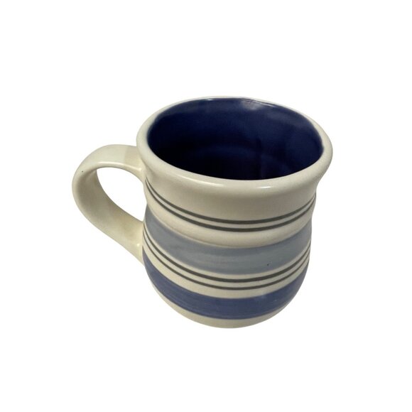 Vintage Blue & White Striped Ceramic Coffee Mug With Handle - Picture 1 of 5